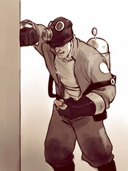 1boy clothed male male_only mask_on_head masturbation moofrog pyro solo_male team_fortress_2