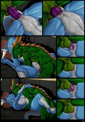 anthro anthro_on_anthro anus ass balls blue_body bodily_fluids breasts brown_hair closed_eyes comic detailed_background dialogue dragon duo fangs female female_penetrated genital_fluids genitals green_body green_eyes grey_body hair horn interspecies lizard looking_pleasured lying male male_penetrating male_penetrating_female missionary_position multicolored_body muscular muscular_anthro muscular_female muscular_male on_back open_mouth penetration penis pussy pussy_juice reptile saruuk scalie sex straight tongue tongue_out two_tone_body vaginal_penetration vein veiny_penis