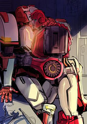 against_table against_wall artist_request autobot blush brothers chin closed_eyes hand_on_neck hugging imminent_sex ironhide ratchet_(transformers) transformers yaoi