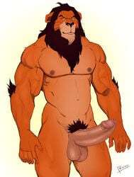 2020 anthro balls black_mane disney erection facial_scar felid fur genitals green_eyes hi_res humanoid_genitalia humanoid_penis lion male male_only mammal mane nipples nude pantherine penis pubes reiner55 scar scar_(the_lion_king) solo the_lion_king