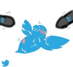 anthro avian beak bird blue_body blue_feathers blush bodily_fluids bukkake censored cum cum_on_body disembodied_penis erection feathers feral genital_fluids genitals group logo male male/male mosaic_censoring namoke penis tapering_penis twitter twitter_bird