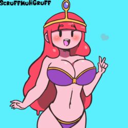 1girls adventure_time animated big_breasts blush bouncing_breasts bra breasts cleavage crown female female_only large_breasts long_hair looking_at_viewer navel open_mouth princess_bubblegum scruffmuhgruff shiny_hair simple_background smile solo standing v very_long_hair