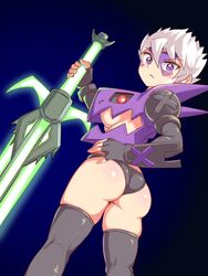 1girls armor cougar1404 dat_ass dragon_marked_for_death female_only impractical_armor inti_creates large_ass looking_at_viewer looking_back no_bra panties purple_eyes rule_63 rule_63 short_hair sword thick_thighs thighhighs warrior_(dmfd) weapon white_hair