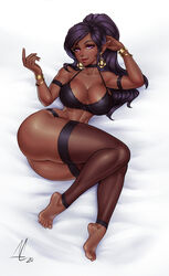 1girls aesdev armband barefoot bed big_breasts bra bracelet choker cleavage collarbone cuervo curvaceous curvy dark-skinned_female dark_elf dark_skin earrings elf female female_only fishnet_stockings hand_behind_head laying_on_bed lingerie lipstick long_hair looking_at_viewer pink_eyes pointy_ears ponytail purple_hair red_lipstick slim_waist solo solo_female stockings thick_thighs vanessa_(live_for_the_funk) wide_hips