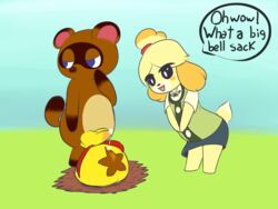 animal_crossing anthro balls big_balls bodily_fluids canid canine canis clothing domestic_dog female genital_fluids genitals hi_res isabelle_(animal_crossing) lofitoffee male mammal nintendo penis precum precum_drip precum_through_clothing raccoon_dog sack tanuki tom_nook video_games wet wet_clothing