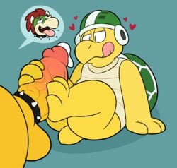 2boys 3_toes 4_hearts accessory anthro armor ass balls birdvian bodily_fluids bowser cock_ring cum cum_drip dripping drooling duo fangs foot_fetish foot_play footjob gay genital_fluids genitals hammer_bros. headgear heart hearts helmet hi_res jewelry koopa leaning leaning_back male male_only mario_(series) nintendo offscreen_character open_mouth penis penis_accessory penis_jewelry saliva scalie sex shell toes tongue tongue_out turtle_shell vein veiny_penis video_games