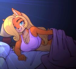 1girls activision anthro bandicoot bed blonde_hair blue_eyes bra breasts clothing coco_bandicoot crash_(series) female female_only furry implied_nudity in_bed inviting inviting_under_covers long_hair looking_at_viewer mammal marsupial scorpdk smile solo