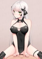 1boy 1girls bangs bar_censor black_dress blush breasts censored closed_mouth collarbone commentary_request covered_nipples cowgirl_position dress eyebrows_visible_through_hair female gager_(girls'_frontline) girls'_frontline green_eyes grey_hair gweda hands_on_another's_stomach korean_commentary light-skinned_female light-skinned_male light_skin looking_at_viewer sex shiny shiny_hair solo_focus spread_legs straddling straight thigh_strap watermark