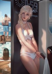 1boy 3girls artist_name back_tattoo blonde_hair bracelet cleavage dark-skinned_female female gun human large_breasts male mohawk_(hairstyle) no_visible_genitalia original original_characters pool raikoart secret_agent skull_tattoo solo_focus white_bikini yacht