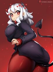 1girls ass black_horns demon demon_girl demon_tail heart-shaped_pupils hearts helltaker horns large_breasts medium_hair modeus_(helltaker) omaoti red_eyes solo solo_female straight_hair thick_ass thick_thighs white_hair