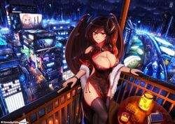 1girls advertisement artist_name bangle big_breasts blonde_hair brown_hair candle china_dress chinchongcha chinese_clothes city eyebrows_visible_through_hair fan female gem horns lantern lipstick long_hair looking_at_viewer night purple_eyes raining red_eyes skyscraper succubus thighhighs wings