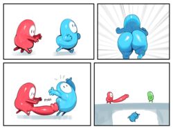 2020 ambiguous_gender ass big_butt big_penis blue_body blue_butt blush butt_focus comic erection fall_guy fall_guys falling genitals glans glistening glistening_body green_body group hi_res huge_cock humanoid humanoid_genitalia humanoid_penis humor hyper hyper_genitalia hyper_penis long_penis mouthless noseless penis red_body red_penis running simple_background sound_effects sqoon standing white_background