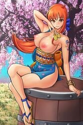 big_breasts brown_eyes female female_focus female_only hybridmink long_hair mature_female nami nami_(one_piece) nipples no_bra no_panties no_underwear onami one_piece orange_hair post-timeskip solo solo_female solo_focus wano_country yukata