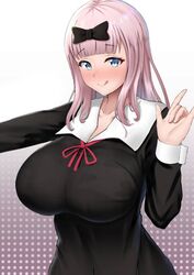 1girls big_breasts blue_eyes blush breasts clothed clothing dearonnus eyebrows_visible_through_hair female fujiwara_chika fully_clothed huge_breasts human kaguya-sama_wa_kokurasetai_~tensai-tachi_no_renai_zunousen~ large_breasts looking_at_viewer pink_hair school_uniform schoolgirl simple_background smile smiling smiling_at_viewer solo tongue