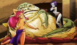 2girls armband ass belly_dancer belly_dancer_outfit bracelet closed_eyes crossover dancer dancer_outfit dancing dc dc_comics femsub fingerless_gloves harem harem_girl harem_outfit hutt interspecies jabba_the_hutt large_breasts loincloth long_gloves long_hair massage princess purple_eyes purple_hair rachel_roth raven_(dc) red_hair return_of_the_jedi royalty sex_slave short_hair sideboob slave slave_bikini slave_collar slave_leia_(cosplay) slave_outfit smooth_skin star_wars starfire submissive submissive_female tamaranean teen_titans topless wadevezecha