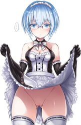 alice_gear_aegis blue_eyes blue_hair breast breasts expressionless lifting lifting_skirt maid mia_voisin pussy shimo_(depthbomb) simple_background small_breasts