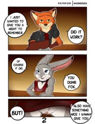 absurd_res amazinggwen anthro bodily_fluids bottomless canid canine choker clitoris clothed clothing comic comic_page date dialogue diner disney dress duo english_text female food fox fur genital_fluids genitals grey_body hi_res jewelry judy_hopps lagomorph leporid male mammal necklace necktie nick_wilde no_underwear orange_body page_2 page_number pawpads pussy pussy_juice rabbit restaurant straight text under_the_table white_body white_fur zootopia