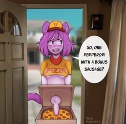 1futa anthro bottomless breasts dark-skinned_futanari delivery_(commerce) delivery_employee dialogue dickgirl domestic_cat door embarrassed_nude_futa english_text erect_nipples felid feline felis flaccid food food_carrier food_delivery furry futa_only futanari genitals grapes_(marshmallow-ears) gynomorph hair hi_res intersex mammal marshmallow-ears nipple_bulge penis photo_background pink_hair pizza pizza_box pizza_delivery pizza_delivery_carrier public roleplay shy solo solo_futa speech_bubble text