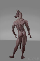 2020 7b7a2f animal_genitalia animal_penis anthro ass athletic athletic_anthro athletic_male back_muscles brown_body dark_skin equid equine equine_penis genitals grey_background hi_res horse looking_aside male male_only mammal nude penis signature simple_background solo standing