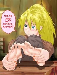 1girls becauseiloveyourfeet commission copykat copykatcomics deviantart_copykatcomics dorohedoro english_text feet female female_only foot_fetish foot_focus foot_worship nikaido orange_toenails patreon_becauseiloveyourfeet solo text worship