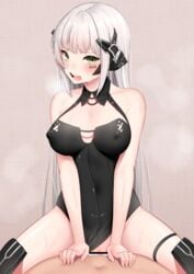 1boy 1girls bangs bar_censor black_dress blush breasts censored collarbone commentary_request covered_nipples cowgirl_position cum cum_in_pussy dress eyebrows_visible_through_hair female gager_(girls'_frontline) girls'_frontline green_eyes grey_hair gweda hands_on_another's_stomach korean_commentary light-skinned_female light-skinned_male light_skin looking_at_viewer open_mouth overflow sex shiny shiny_hair solo_focus spread_legs straddling straight teeth thigh_strap tongue watermark