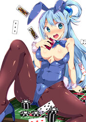 1girls aqua_(konosuba) aqua_hair big_breasts blue_eyes blue_hair bunny_ears bunny_girl bunnysuit cameltoe cards casino clothed_female deshirittoru fake_animal_ears female female_focus female_only high_heels kono_subarashii_sekai_ni_shukufuku_wo! light-skinned_female light_skin long_hair pale-skinned_female pale_skin playing playing_card playing_cards poker poker_chip poker_chips poker_table solo solo_female solo_focus