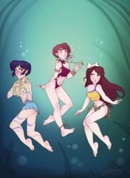 3girls akane_tendo armband belly blue_hair blush bow brown_hair clothing curvy flower_necklace hairbow leaf_bikini loincloth long_hair nabiki_tendo necklace ranma_1/2 short_hair skirtzzz topless torn_clothes ukyo_kuonji voluptuous