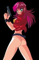 1girls 90s ass back belt big_ass black_background bottomless breasts cleavage clothing eyebrows_visible_through_hair female female_only green_eyes gun handgun highres holding_gun holding_weapon jacket kimura_takahiro large_breasts long_hair nipple_bulge official_art open_clothes open_jacket pink_hair pose raika_grace simple_background sogna solo standing teeth thick_thighs thighs tubetop viper_(series) viper_f40 weapon wristband