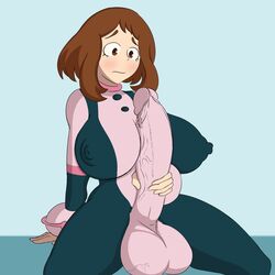 1futa autopaizuri balls big_balls big_breasts big_penis brown_eyes brown_hair catpole futanari huge_balls huge_breasts huge_cock large_breasts large_penis large_penis_veins masturbation my_hero_academia ochako_uraraka pale-skinned_futanari pale_skin solo_futa veiny_balls veiny_penis