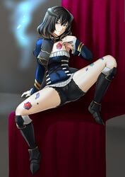 1girls bangs bare_shoulders bedroom black_hair black_underwear bloodstained:_ritual_of_the_night blue_eyes boots detached_sleeves female hair_between_eyes hair_ornament haruhisky knee_boots legs_spread miriam_(bloodstained) tattoo