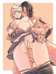 alisaie_leveilleur au_ra blue_eyes blue_hair blush breast_grab clothed_sex clothes_removed elezen final_fantasy final_fantasy_xiv gusty10rk hand_on_breast hand_on_hip horns nude penis pointy_ears ranier_layarte red_eyes sex size_difference standing_sex straight white_hair xaela