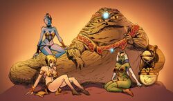 3girls belly_dancer belly_dancer_outfit blue_skin boots bracelet cleavage curvy dancer dancer_outfit female fingerless_gloves green_skin harem harem_girl harem_outfit headdress hookah hutt large_breasts loincloth long_gloves original_characters short_hair slave slave_bikini slave_collar slave_outfit slavegirl star_wars twi'lek voluptuous wadevezecha