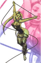 brown_eyes collar curvy curvy_figure dancer dancer_outfit dancing eyelashes fishnet fishnet_bodysuit green_skin harem_girl harem_outfit hourglass_figure large_breasts leash lipstick looking_at_viewer mostly_nude negarobo oola open_toe_shoes red_lipstick robaato see-through_clothing sex_slave slave slave_outfit slavegirl star_wars thick_thighs twi'lek voluptuous wide_hips