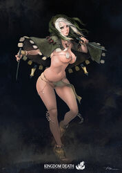 belly curvaceous curvy dagger hooded_cloak kingdom_death large_breasts loincloth lokman_lam micro_bikini navel red_eyes shoes voluptuous white_hair