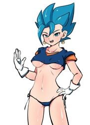 blue_eyes blue_hair dragon_ball dragon_ball_super earrings female female_vegito fusion gloves nipple_bulge potara_earrings rule_63 saiyan super_saiyan super_saiyan_blue tomboy toned underboob vegito white_background