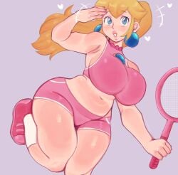 1girls athletic_shorts athletic_uniform athletic_wear bare_shoulders blonde_hair blue_eyes booty_shorts breasts bubble_butt crop_top doujinpearl earrings female female_only high_ponytail hips holding_object huge_breasts light-skinned_female light_skin long_hair mario_(series) mario_tennis midriff navel nintendo ponytail princess_peach short_shorts shorts sleeveless solo sports_bra sports_shorts sports_uniform sportswear tennis_outfit tennis_racket thick_lips thick_thighs thighs tied_hair wide_hips