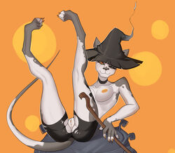 absurd_res anthro ass bottomwear breasts cerf clothed clothing domestic_cat felid feline felis female fur furry furry_only genitals hairless hairless_cat hat headgear headwear hi_res leaning leaning_back legs_up looking_at_viewer magic_user mammal nipples one_eye_closed partially_clothed pussy rear_view sitting solo sphynx_(cat) spread_legs spreading tail topless torn_clothing witch witch_hat yellow_eyes