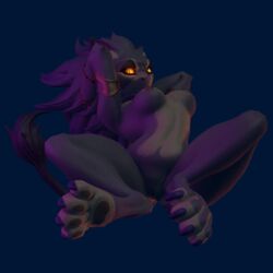 1:1 anthro ass belladonna_(trials_of_mana) breasts catsockjus crossed_legs ear_piercing felid female floating genitals glistening glistening_eyes hi_res jewelry looking_at_viewer mammal nails necklace nipples nude orange_eyes paws piercing purple_body pussy solo trials_of_mana