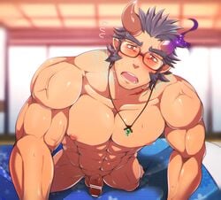 1boy abs bar_censor bara bulge censored chest dark_blue_hair facial_hair foreshortening highres horns jewelry kuro_(shiranui) looking_at_viewer male_focus male_only muscle necklace nipples nude oerba_yun_fang pectorals penis pov scar short_hair simple_background solo takemaru_(tokyo_afterschool_summoners) thick_eyebrows thighs tokyo_afterschool_summoners tokyo_houkago_summoners upper_body