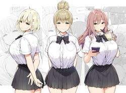 2020 3girls ara_ara arms_behind_back bare_arms blonde_hair blue_eyes blush bow bowtie breasts brown_hair bubble_tea clothed clothing collared_shirt cowboy_shot drink drinking eyebrows_visible_through_hair female female_only fully_clothed hair_between_eyes hair_bun hairclip highres himeko_(sky_(freedom)) hinano_(sky_(freedom)) holding_drink holding_phone huge_breasts joshi_kōsei_rich_thots kaori_(sky_(freedom)) light_blush long_hair looking_at_viewer looking_back monochrome_background multiple_girls original phone pink_hair pleated_skirt school_uniform serafuku shirt short_hair skirt sky_(freedom) smartphone smile standing straw thick_thighs thighs tied_hair