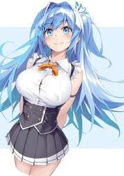 1girls big_breasts blue_eyes blue_hair breasts clothed clothing emori_miku emori_miku_project female fully_clothed large_breasts looking_at_viewer simple_background smile smiling smiling_at_viewer tagme