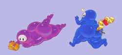 2020 algooriginal anthro ass big_butt blue_body blue_butt buttplug buttplug_tail crown duo fake_tail fall_guy fall_guys glistening glistening_body heart hi_res holding_object holding_sex_toy humanoid looking_back male mouthless noseless onomatopoeia purple_body purple_butt sex_toy simple_background sound_effects text thick_thighs