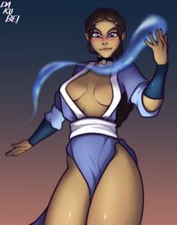 aged_up armbands avatar_the_last_airbender bloodbender blue_eyes blush bottomless braid breasts brown_hair choker cleavage clever_censor clothing covered_nipples dakube dark-skinned_female dark_skin female female_only fit_female hips katara legs_together long_hair looking_at_viewer medium_breasts midriff mostly_clothed open_dress open_shirt pelvic_curtain smirk solo standing straight_hair strip_tease thick_thighs thighs thin_waist underboob upper_body water waterbending