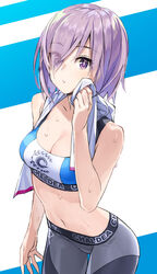 1girls bare_shoulders belly eyebrows_visible_through_hair fate/grand_order fate_(series) female hair_over_one_eye mash_kyrielight navel purple_eyes purple_hair short_hair sports_bra sportswear sweat towel wet yahako yoga_pants