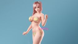 1girls 3d bikini cleavage curvy dead_or_alive female honoka_(doa) huge_breasts looking_at_viewer pink_eyes pink_hair sabishikukage side-tie_panties voluptuous yellow_bikini