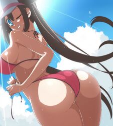 1girls ass big_ass big_breasts bikini blue_eyes brown_hair double_bun eye_contact female human long_hair looking_at_viewer looking_back nintendo pale-skinned_female pale_skin pokemon pokemon_bw rosa_(pokemon) tamezou thick_ass thighs twintails