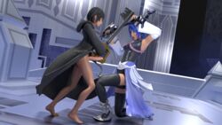 3d aqua_(kingdom_hearts) barefoot black_coat casual_nudity clothing coat disney fight futanari keyblade kingdom_hearts mostly_nude outerwear penis square_enix usbsantiago weapon xion