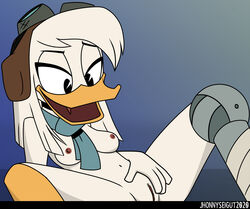 anatid anseriform anthro avian bird breasts clitoral_hood clitoris clothing della_duck disney duck ducktales_(2017) eyewear female genitals goggles hat headgear headwear jhonnyseitgut masturbation non-mammal_breasts presenting presenting_pussy pussy scarf solo