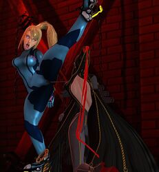 3d bayonetta bayonetta_(character) bondage captured female game_over metroid nintendo pain punishment samus_aran screaming torture torture_station whipped whipping