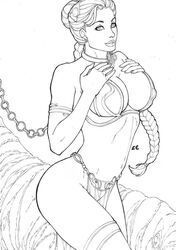 belly belly_dancer belly_dancer_outfit black_and_white braid chain_leash cleavage curvy dancer dancer_outfit greyscale hands_on_breasts harem_girl harem_outfit large_breasts lcfreitas loincloth looking_at_viewer metal_bikini princess_leia_organa slave slave_bikini slave_collar slave_leia slave_outfit slavegirl star_wars voluptuous